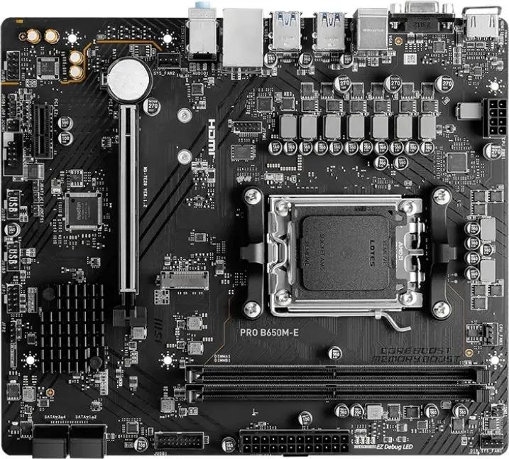 Материнская плата MSI PRO B650M-E, AM5, AMD B650, 2xDDR5, 4xSATA 6Gb/s, 1xM.2 PCIe 4.0 x4, 1xPCIe 4.0 x16, 1xPCIe 3.0 x1, 1xHDMI, 1xVGA, 1x 1Gb LAN, 4xUSB 3.2 Gen 1, 3x3.5 мм, 7.1, microATX