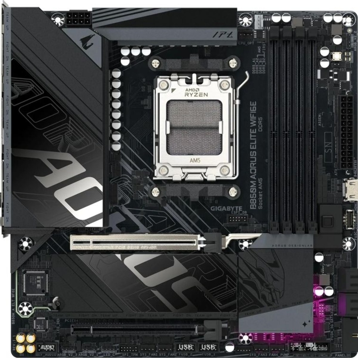 Материнская плата Gigabyte B850M AORUS ELITE WIFI6E, AM5, AMD B850, 4xDDR5, 4xSATA, 2xM.2, 1xPCIe 5.0 x16, 1xPCIe 3.0 x4, 1xDP (v1.4), 1x2.5Gb LAN, Wi-Fi 6E, Bluetooth 5.3, 2xUSB-C 10Gbps, 2xUSB-A 10Gbps, 5xUSB-A 5Gbps, 4xUSB-A 2.0, S/PDIF, 2x3.5 мм, 7.1, mATX