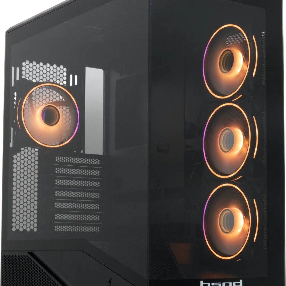 Компьютерный корпус без блока питания HSPD F711-TGbK-ARGB, Panoramic Full Tower, черный, TG, 0.7 SPCC, 4x120мм ARGB ATX, mATX, mITX 190/420/280мм 2x2.5", 2x3.5", 7xPCI 1xUSB-A 3.0, 1xUSB-C 445x235x475мм