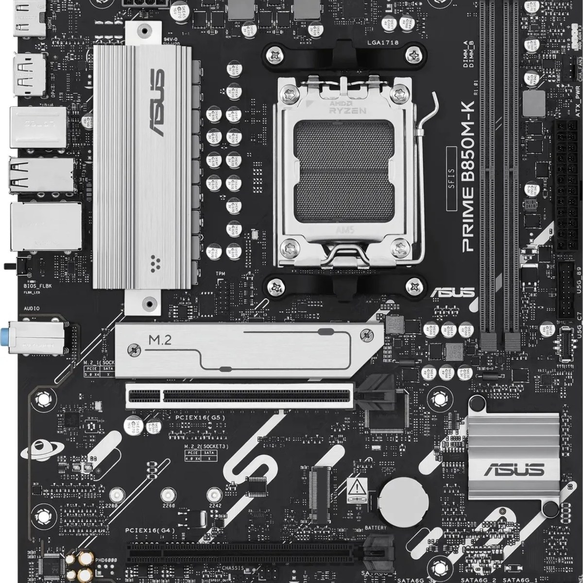 Материнская плата ASUS PRIME B850M-K, AM5, AMD B850, 2xDDR5, 4xSATA, 2xM.2, 1xPCIe 5.0 x16, 1xPCIe 4.0 x8, 1xDP (v1.4), 1xHDMI (v2.1), 1x2.5Gb LAN, 2xUSB-A 10Gbps, 2xUSB-A 5Gbps, 4xUSB-A 2.0, 3x3.5 мм, 7.1, mATX