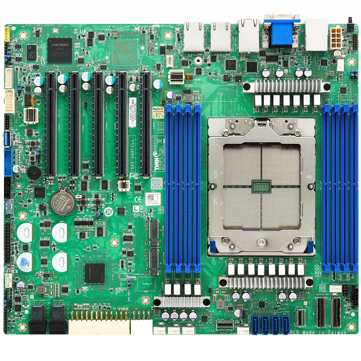 Материнская плата Tyan S8050GM2NE, SP5, SoC, 8xDDR5 RDIMM, 12xSATA 6Gb/s, 2xM.2 PCIe 4.0, 5xPCIe 5.0 x16, 1xVGA, 3x 1Gb LAN, 2xUSB 3.2 Gen1, CEB