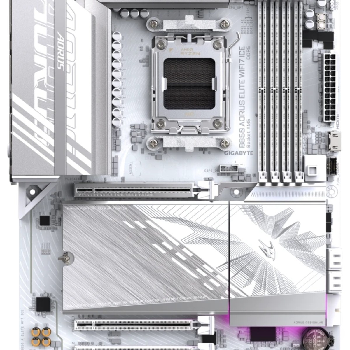 Материнская плата Gigabyte B850 AORUS ELITE WIFI7 ICE rev. 1.1, AM5, AMD B850, 4xDDR5, 4xSATA, 3xM.2, 1xPCIe 5.0 x16, 2xPCIe 3.0 x16, 1xDP, 1x2.5Gb LAN, Wi-Fi 7, Bluetooth 5.4, 1xUSB-C 10Gbps, 2xUSB-A 10Gbps, 5xUSB-A 5Gbps, 4xUSB-A 2.0, 3x3.5 мм + S/PDIF оптический, 7.1, ATX