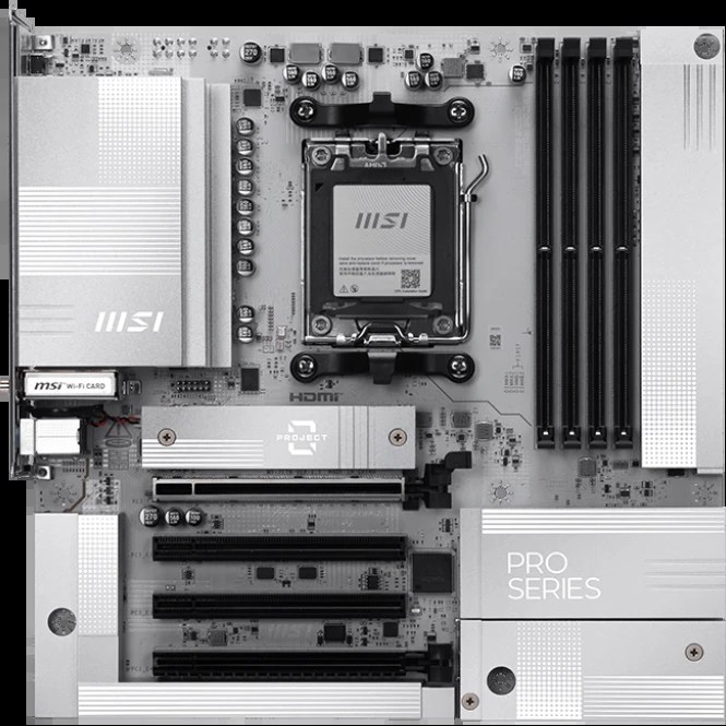 Материнская плата MSI PRO B850M-A WIFI, AM5, AMD B850, 4xDDR5, 4xSATA, 2xM.2, 1xPCIe 5.0 x16, 1xPCIe 4.0 x4, 1xPCIe 3.0 x1, 1xHDMI (v2.1), 1xDP (v1.4), 1x5Gb LAN, Wi-Fi 7, Bluetooth 5.4, 2xUSB-C 10Gbps, 3xUSB-A 10Gbps, 3xUSB-A 5Gbps, 2x3.5 мм, 7.1, mATX