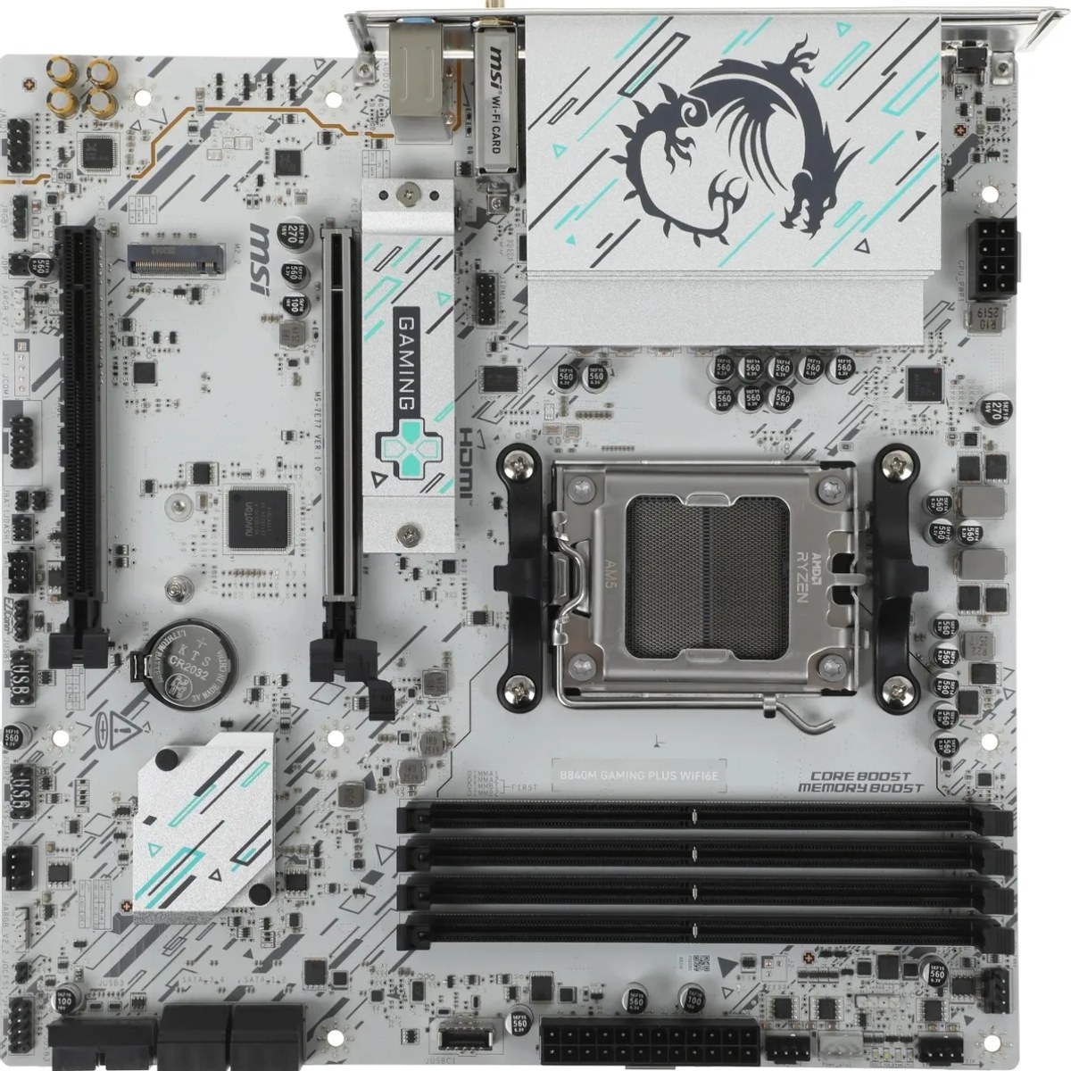 Материнская плата MSI B840M GAMING PLUS WIFI6E, AM5, AMD B840, 4xDDR5, 4xSATA, 2xM.2, 1xPCIe 4.0 x16, 1xPCIe 3.0 x4, 1xHDMI (v2.1), 1xUSB-C 10Gbps, 1xUSB-A 10Gbps, 2xUSB-A 5Gbps, 4xUSB-A 2.0, 1x2.5Gb LAN, Wi-Fi 6E, Bluetooth 5.3, 2x3.5 мм, 7.1, mATX