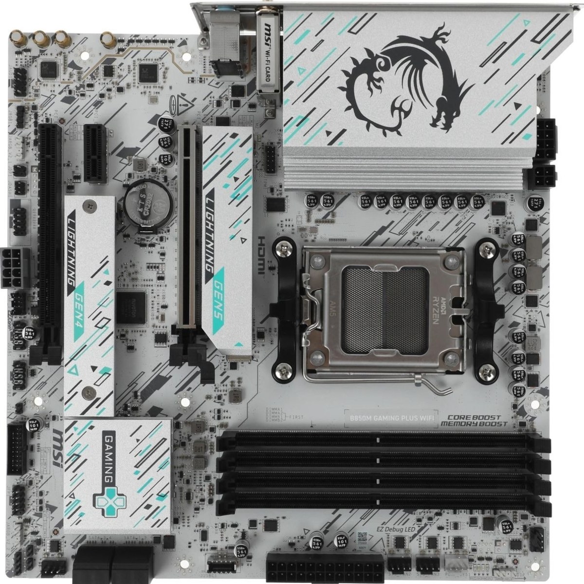 Материнская плата MSI B850M GAMING PLUS WIFI, AM5, AMD B850, 4xDDR5, 4xSATA, 2xM.2, 1xPCIe 5.0 x16, 1xPCIe 4.0 x4, 1xPCIe 3.0 x1, 1xDP, 1xHDMI, 1x5Gb LAN, Wi-Fi 7, Bluetooth 5.4, 3xUSB-C 10Gbps, 3xUSB-A 10Gbps, 3xUSB-A 5Gbps, 3x3.5 мм, 7.1, mATX