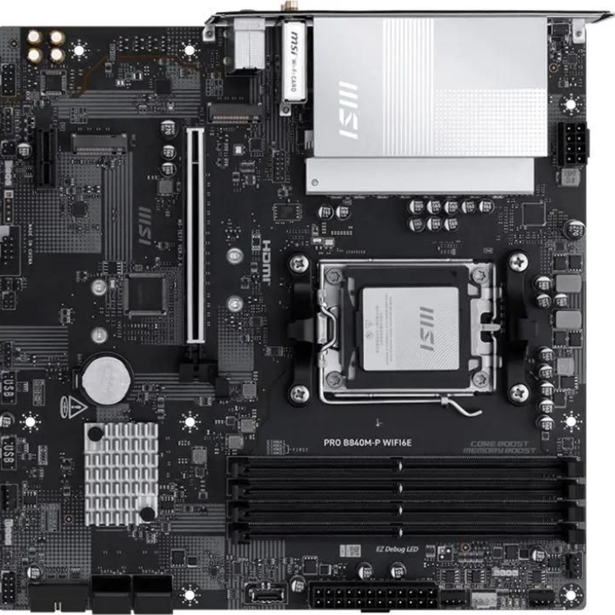 Материнская плата MSI PRO B840M-P WIFI6E, AM5, AMD B840, 4xDDR5, 4xSATA, 2xM.2, 1xPCIe 4.0 x16, 1xPCIe 3.0 x1, 1xHDMI, 1x2.5Gb LAN, Wi-Fi 6E, Bluetooth 5.3, 1xUSB-C 10Gbps, 1xUSB-A 10Gbps, 2xUSB-A 5Gbps, 4xUSB-A 2.0, 3x3.5 мм, 7.1, mATX