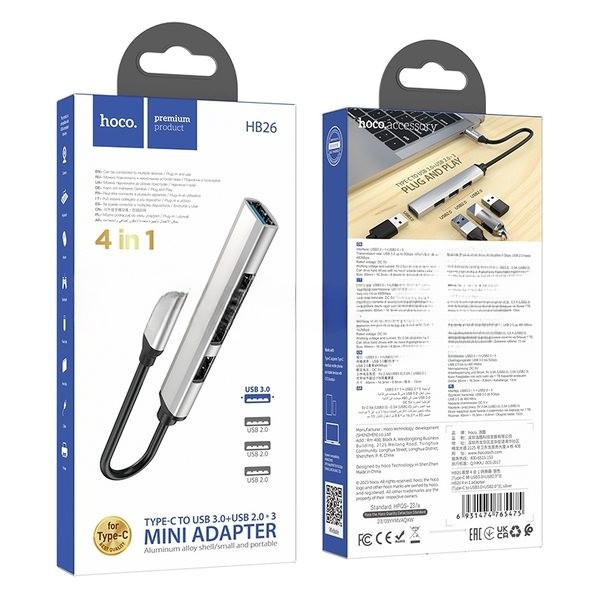 Разветвитель USB3.0/2.0 Hoco HB26, 3xUSB2.0, USB3.0, кабель Type-С 13см, серебристый алюминий