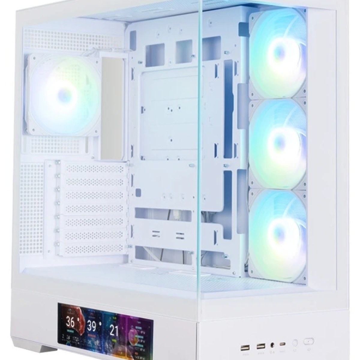 Компьютерный корпус ZALMAN P40 DS, ATX, белый, WINDOW, 9.1-inch LCD screen, 2xCombo(2.5” or 3.5”), 1x2.5”, 1xUSB TYPE-C, 2xUSB 3.0, SIDE 3x120мм ARGb, REAR 1x120мм ARGb