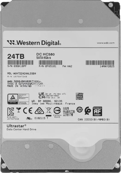 Жесткий диск серверный Western Digital 3.5" 24Tb Ultrastar DC HC580 WUH722424ALE604 SATA