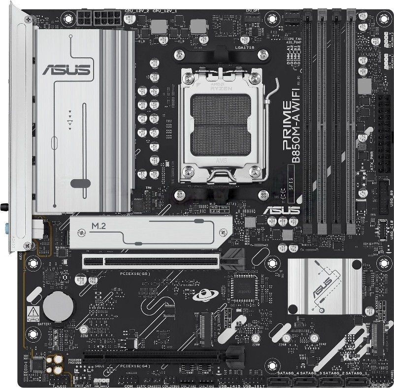 Материнская плата ASUS PRIME B850M-A WIFI, AM5, AMD B850, 4xDDR5, 4xSATA, 3xM.2, 1xPCIe 5.0 x16, 1xPCIe 4.0 x16, DisplayPort, HDMI, 1x2.5Gb LAN, 8xUSB, 3x3.5 мм, 7.1, microATX