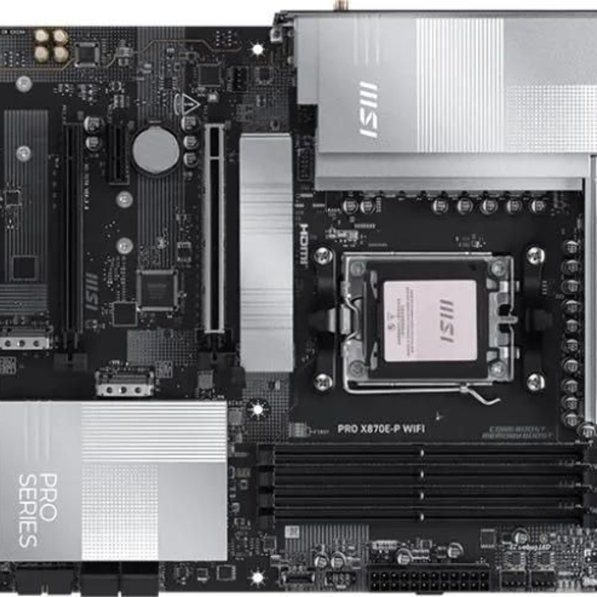 Материнская плата MSI PRO X870E-P WIFI, AM5, AMD X870E, 4xDDR5, 4xSATA, 3xM.2, 1xPCIe 5.0 x16, 1xPCIe 4.0 x4, 1xPCIe 3.0 x1, 1xHDMI, 1x5Gb LAN, Wi-Fi 7, Bluetooth 5.4, 1xUSB-C 20Gbps, 1xThunderbolt 4, 2xUSB-A 10Gbps, 2xUSB-A 5Gbps, 4xUSB-A 2.0, 3x3.5 мм, 7.1, ATX