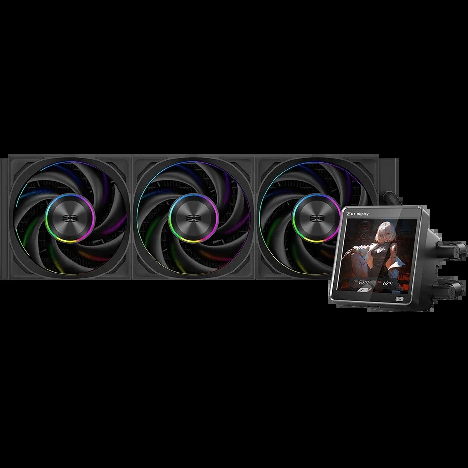 Система жидкостного охлаждения PCCooler DT360 ARGb Display BK (300W, 360мм, LED temp., черный, ARGb/Fans: 3x120мм, 83.83CFM, 3000RPM/Pump height 62мм, 15dBA, 2600RPM, Rad thickness 27мм/S: 1851, 1700, 1200, 115X, AM5, AM4)
