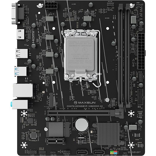 Материнская плата Maxsun Challenger H610M-H V1 WiFi, LGA1700, Intel H610, 2xDDR4, 2xSATA, 1xM.2, 1xPCIe 4.0 x16, 1xPCIe x1, 1xHDMI, 1xDisplayPort, 1xD-Sub, 1x 1Gb LAN, 2xUSB 3.2 Gen1, 3xUSB 2.0, 3x3.5 мм, 5.1, microATX