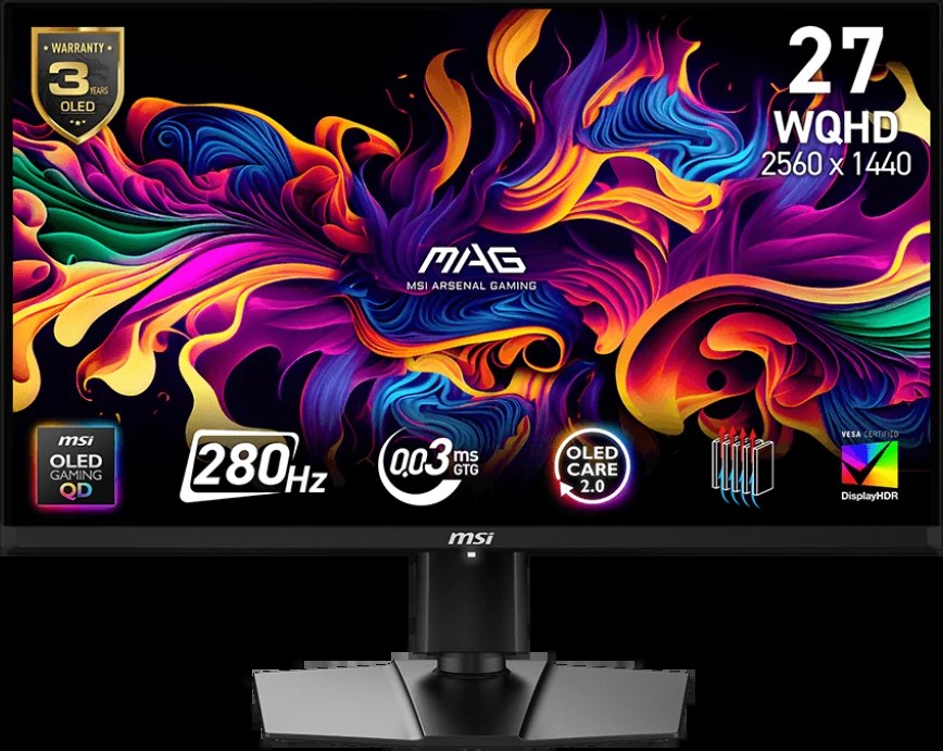 Монитор 26.5" MSI MAG 271QP QD-OLED X28 QD-OLED 2560x1440, 280 Гц, 0.03 мс, 16:9, 1000 кд/м², HDMI 2.1, DP, USB-C (15 Вт), 3.5 Jack, USB Hub, Adaptive-Sync, черный