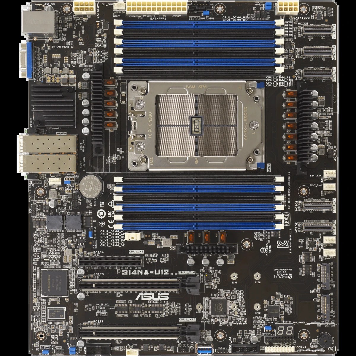 Материнская плата серверная ASUS S14NA-U12, 1xSP6 (LGA4844), AMD EPYC, 12xDDR5 (ECC RDIMM), 2xM.2, 2xPCIe 5.0 x16, 1xPCIe 5.0 x8, 1xVGA, 2x25Gb LAN (SFP28), 2xUSB-A 5Gbps, CEB