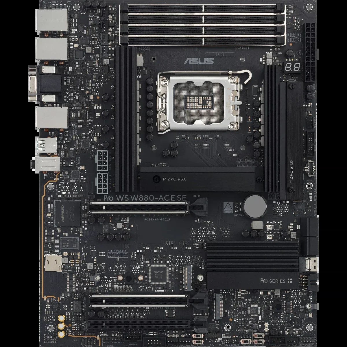 Материнская плата ASUS PRO WS W880-ACE SE, LGA1851, Intel W880, 4xDDR5, 4xSATA, 4xM.2, 1xPCIe 5.0 x16, 1xPCIe 5.0 x8, 1xPCIe 4.0 x16, 1xHDMI, 1xVGA, 3x2.5Gb LAN, 1xThunderbolt 4, 1xUSB-C 20Gbps, 6xUSB-A 10Gbps, 2x3.5 мм, 7.1, ATX