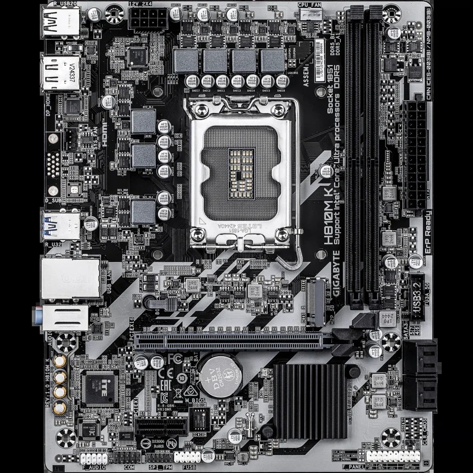 Материнская плата Gigabyte H810M K, LGA1851, Intel H810, 2xDDR5, 4xSATA, 1xM.2, 1xPCIe 4.0 x16, 1xPCIe 3.0 x1, 1xDP, 1xHDMI, 1x1Gb LAN, 2xUSB-A 5Gbps, 4xUSB-A 2.0, 3x3.5 мм, 7.1, mATX