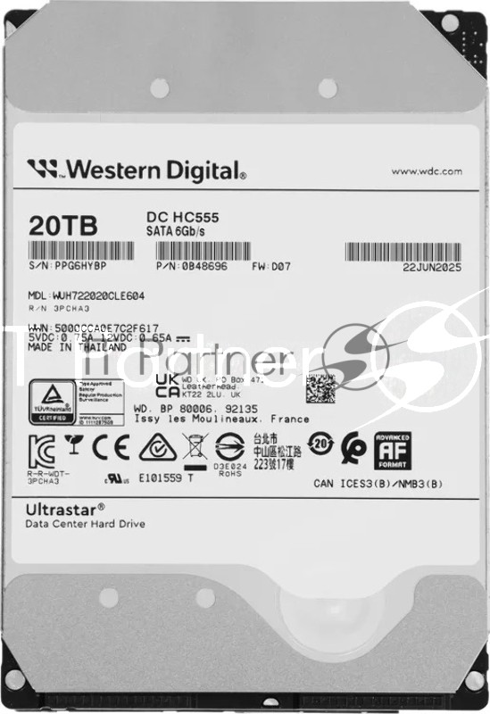 Жесткий диск Western Digital SATA 20Tb 7200RPM 6Gb/S 512MB DC HC555 WUH722020CLE604_0B48696