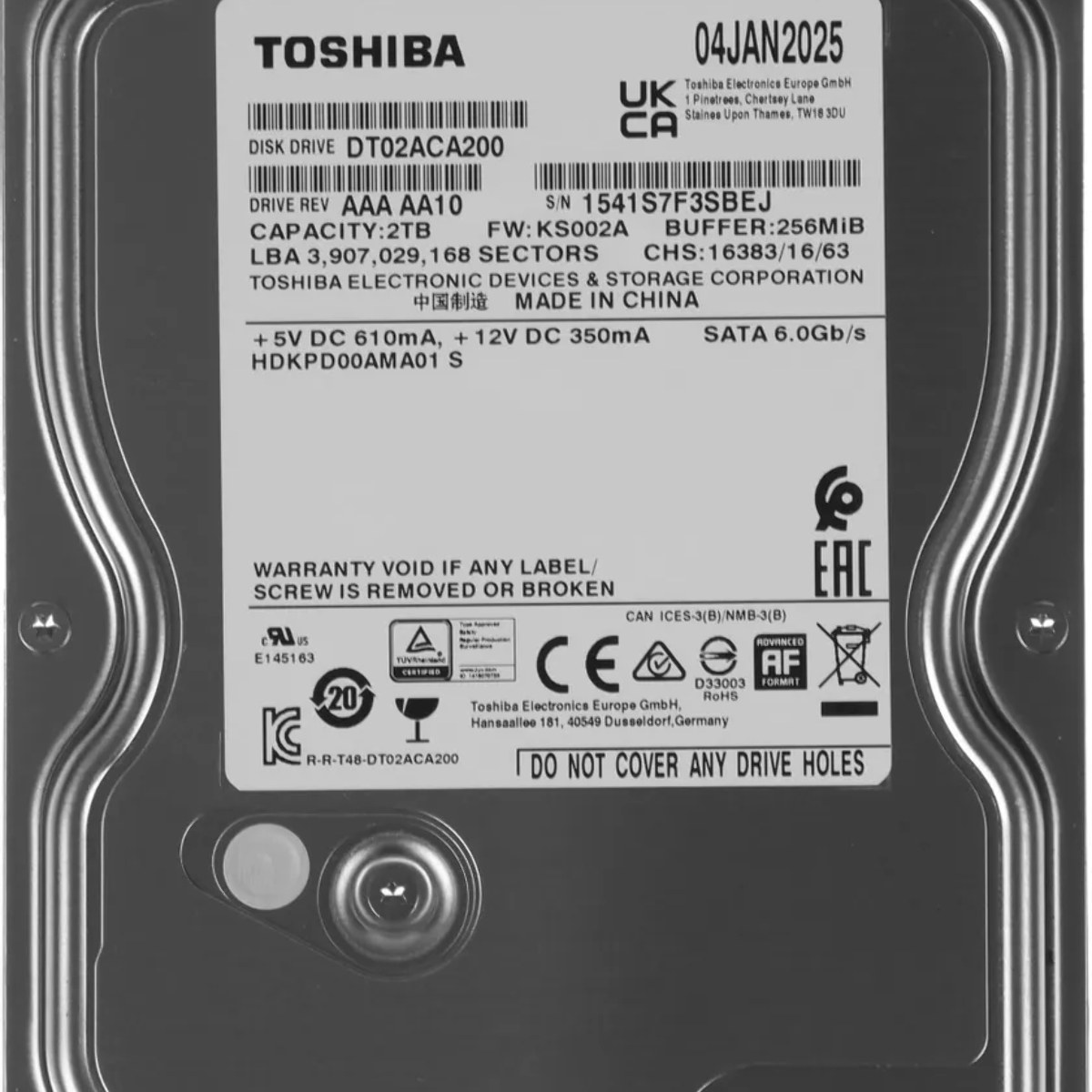 Жесткий диск Toshiba Surveillance HDD 3.5" SATA 2Tb, 5400rpm, 128MB buffer, 512e, SMR, DT02ABA200V, 1 year