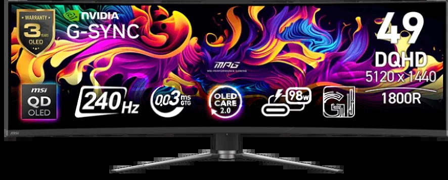 Монитор 49" MSI MPG 491CQPX QD-OLED 5120x1440, 240 Гц, 0.03 мс, 32:9, 250 кд/м², HDMI 2.1, DP 1.4a, 3.5 Jack, USB-C (98 Вт), USB Hub (2x USB 2.0), Adaptive-Sync, изогнутый экран, черный