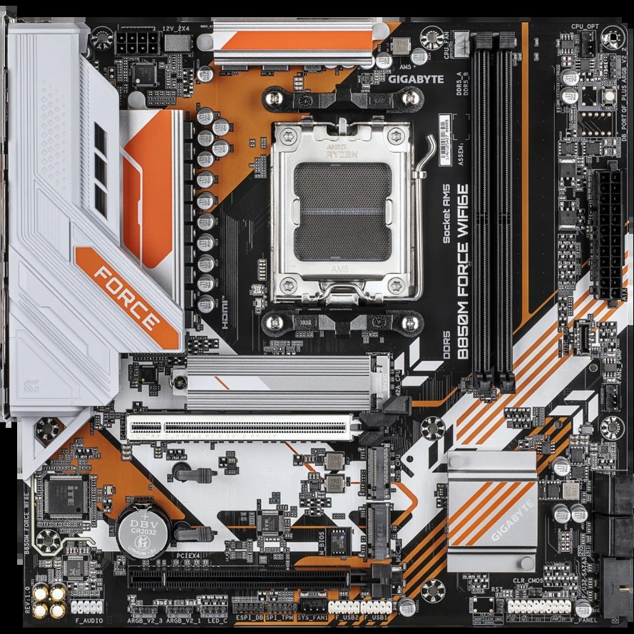 Материнская плата Gigabyte B850M FORCE, AM5, AMD B850, 2xDDR5, 4xSATA, 3xM.2, 1xPCIe 5.0 x16, 1xPCIe 4.0 x4, 1xHDMI, 1xDP, 1x2.5Gb LAN, 1xUSB-C 5Gbps, 1xUSB-A 10Gbps, 2xUSB-A 5Gbps, 2xUSB-A 2.0, 3x3.5 мм, 7.1, mATX