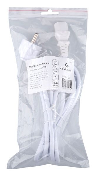 Кабель питания Cablexpert Schuko-C13, 3x1.0мм2, 10A, с заземлением, медь, 2м, белый, пакет