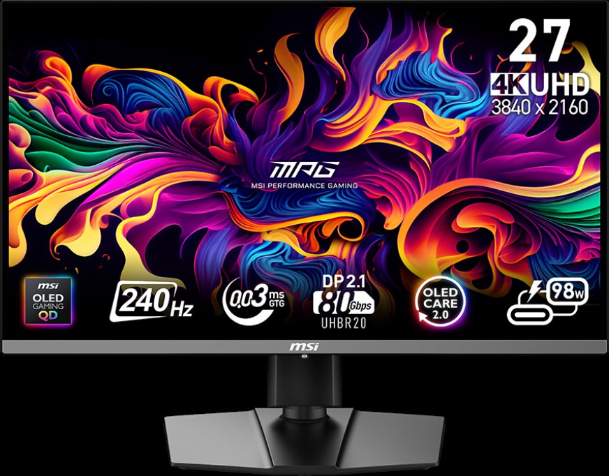 Монитор 26.5" MSI MPG 272URX QD-OLED 3840x2160, 240 Гц, 0.03 мс, 16:9, 1000 кд/м², DP 2.1a, HDMI 2.1 (x2), USB-C, 3.5 Jack, USB Hub (2x USB 3.2), HDR10, G-Sync, KVM, черный