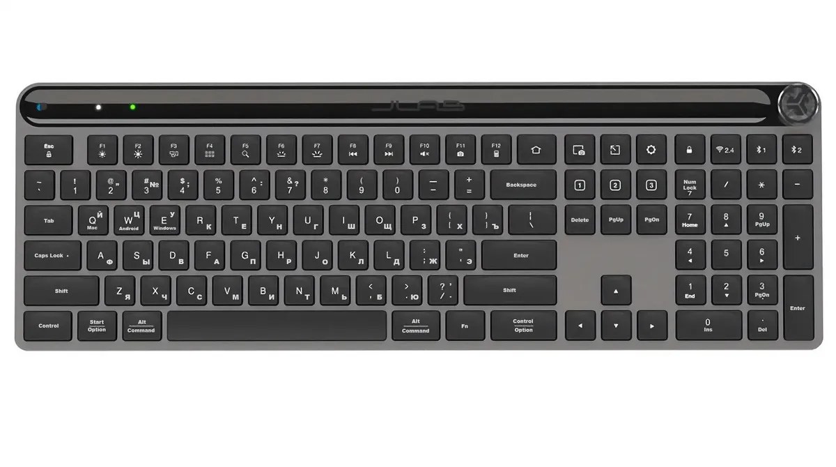 Клавиатура JLab Epic Keyboard гибридная, USB Type-A, Bluetooth, радиоканал, серый