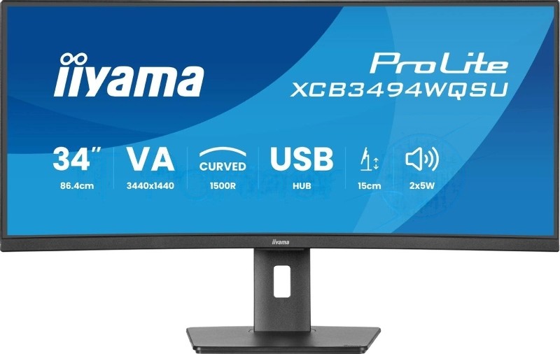 Монитор 34" Iiyama ProLite XCB3497WQSNPH-B1 VA 3440x1440, 120 Гц, 0.4 мс, 21:9, 350 кд/м², HDMI 2.0, HDMI 1.4, DP 1.4, USB-C (95 Вт), 3.5 Jack, USB Hub (4x USB 3.0), Ethernet, динамики (2x5 Вт), веб-камера (5 Мп), FreeSync Premium, изогнутый экран (1500R), черный