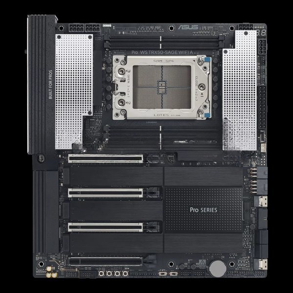 Серверная материнская плата ASUS PRO WS TRX50-SAGE WIFI A, sTR5, AMD TRX50, 4xDDR5, 4xSATA, 4xM.2, 2xSlimSAS, 3xPCIe 5.0 x16, 1xPCIe 4.0 x16, 2xDP, 1x10Gb LAN, 1x2.5Gb LAN, Wi-Fi 7, Bluetooth 5.4, 2xUSB-C 40Gbps (USB4), 6xUSB-A 10Gbps, 1xUSB-A 2.0, 2x3.5 мм, 5.1, CEB