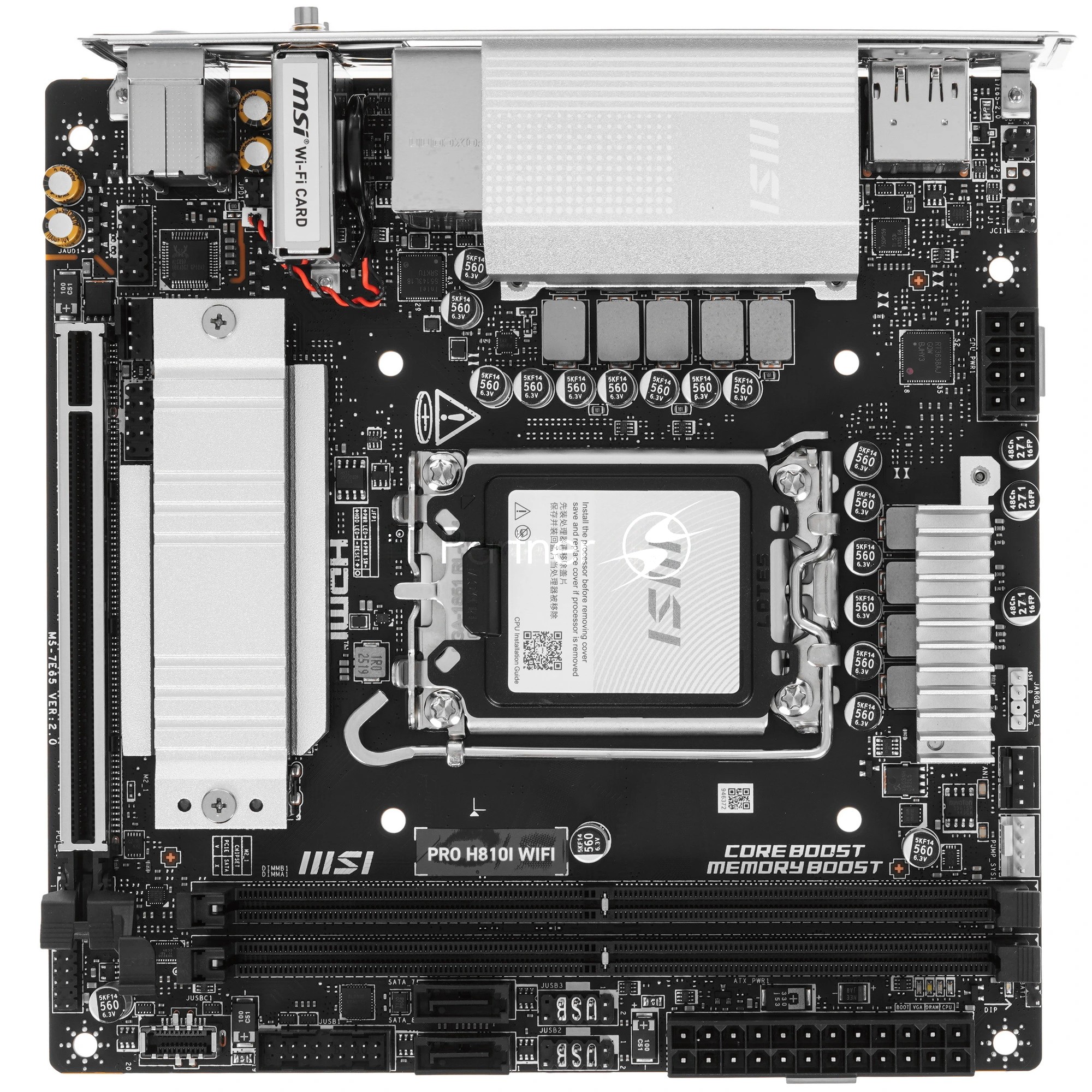 Материнская плата MSI PRO H810I WIFI, LGA1851, Intel H810, 2xDDR5, 2xSATA, 1xM.2, 1xPCIe 5.0 x16, DisplayPort, HDMI, 1x2.5Gb LAN, USB Type-C, 3x3.5 мм, 7.1, mini-ITX