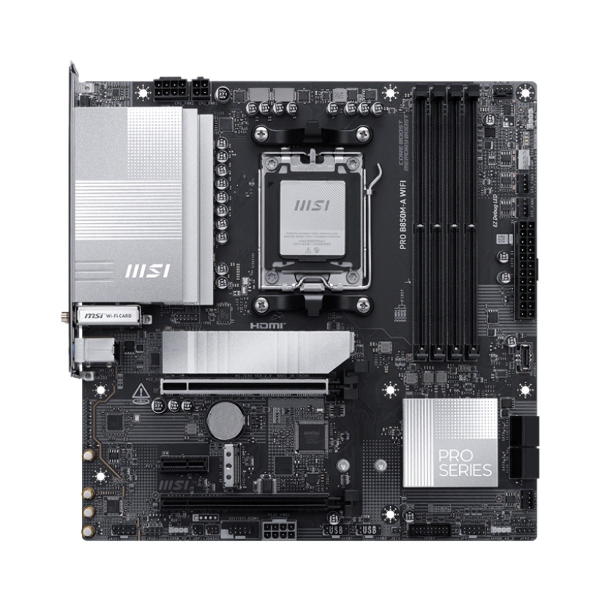 Материнская плата MSI PRO B850M-A WIFI, AM5, AMD B850, 4xDDR5, 4xSATA, 2xM.2, 1xPCIe 5.0 x16, 1xPCIe 4.0 x4, 1xPCIe 3.0 x1, 1xDP, 1xHDMI, 1x5Gb LAN, Wi-Fi 7, Bluetooth 5.4, 2xUSB-C 10Gbps, 3xUSB-A 10Gbps, 3xUSB-A 5Gbps, 4xUSB-A 2.0, 3x3.5 мм, 7.1, mATX