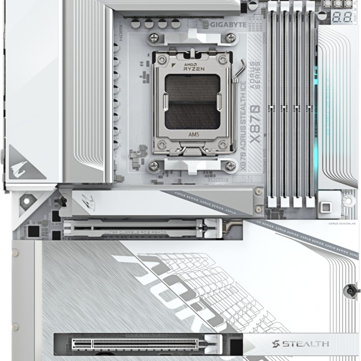 Материнская плата Gigabyte X870 AORUS STEALTH ICE, AM5, AMD X870, 4xDDR5, 2xSATA, 4xM.2, 1xPCIe 5.0 x16, 1xPCIe 4.0 x16, 1xHDMI, 1x5Gb LAN, Wi-Fi 7, Bluetooth 5.4, 2xUSB-C 40Gbps (USB4), 1xUSB-C 10Gbps, 4xUSB-A 10Gbps, 4xUSB-A 5Gbps, 4xUSB-A 2.0, 3x3.5 мм + S/PDIF оптический, 7.1, ATX
