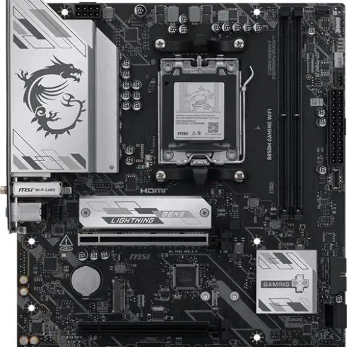 Материнская плата MSI B850M GAMING WIFI, AM5, AMD B850, 2xDDR5, 4xSATA, 2xM.2, 1xPCIe 5.0 x16, 1xPCIe 4.0 x16, 1xDP, 1xHDMI, 1x2.5Gb LAN, Wi-Fi 7, Bluetooth 5.4, 1xUSB-C 10Gbps, 3xUSB-A 5Gbps, 2xUSB-A 2.0, 2x3.5 мм, 7.1, mATX