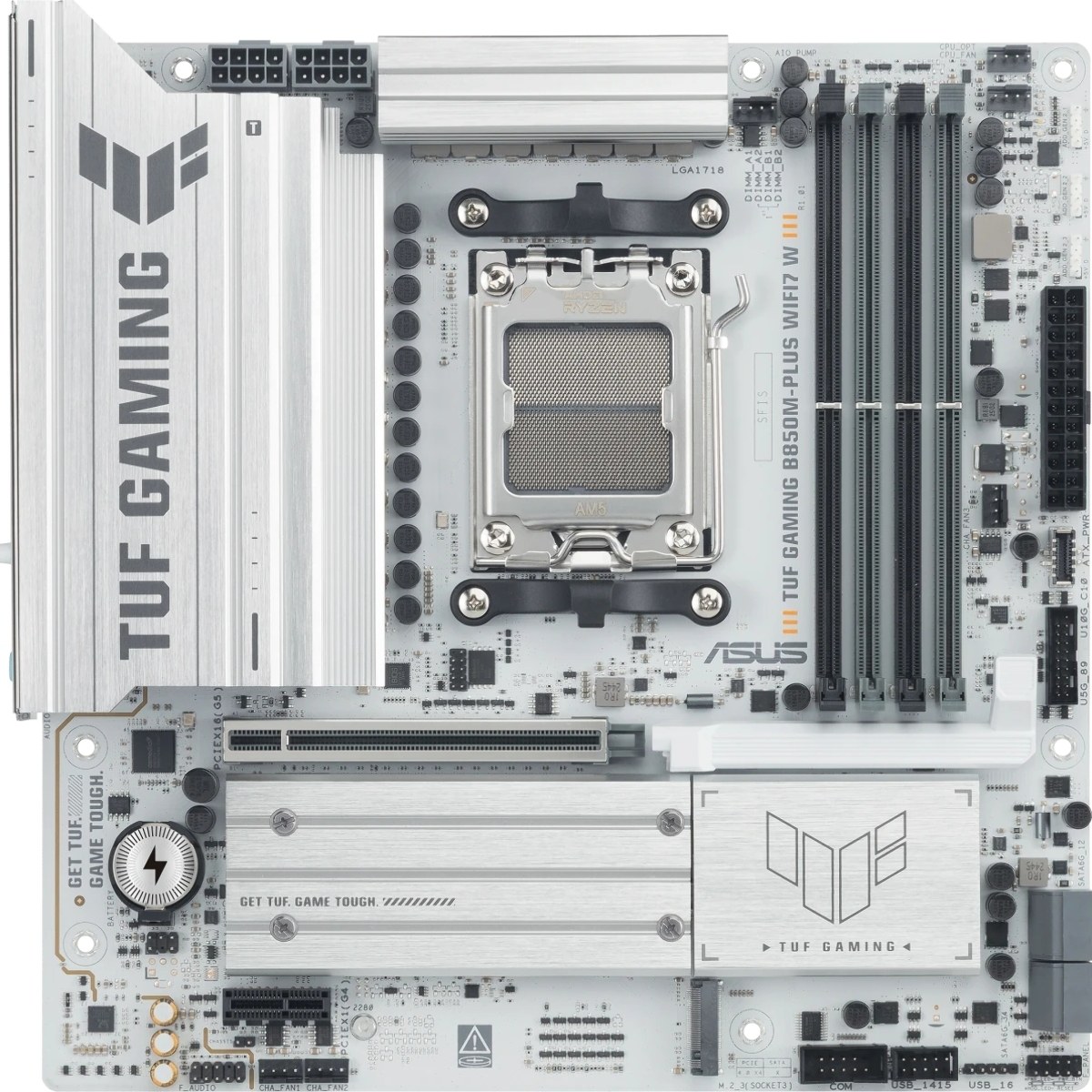 Материнская плата Asus TUF GAMING B850M-PLUS WIFI7 W, AM5, AMD B850, 4xDDR5, 4xSATA, 3xM.2, 1xPCIe 5.0 x16, 1xPCIe 3.0 x1, 1xDP, 1xHDMI, 1x2.5Gb LAN, Wi-Fi 7, Bluetooth 5.4, 1xUSB-C 20Gbps, 3xUSB-A 10Gbps, 4xUSB-A 5Gbps, 4xUSB-A 2.0, 5x3.5 мм, 7.1, mATX