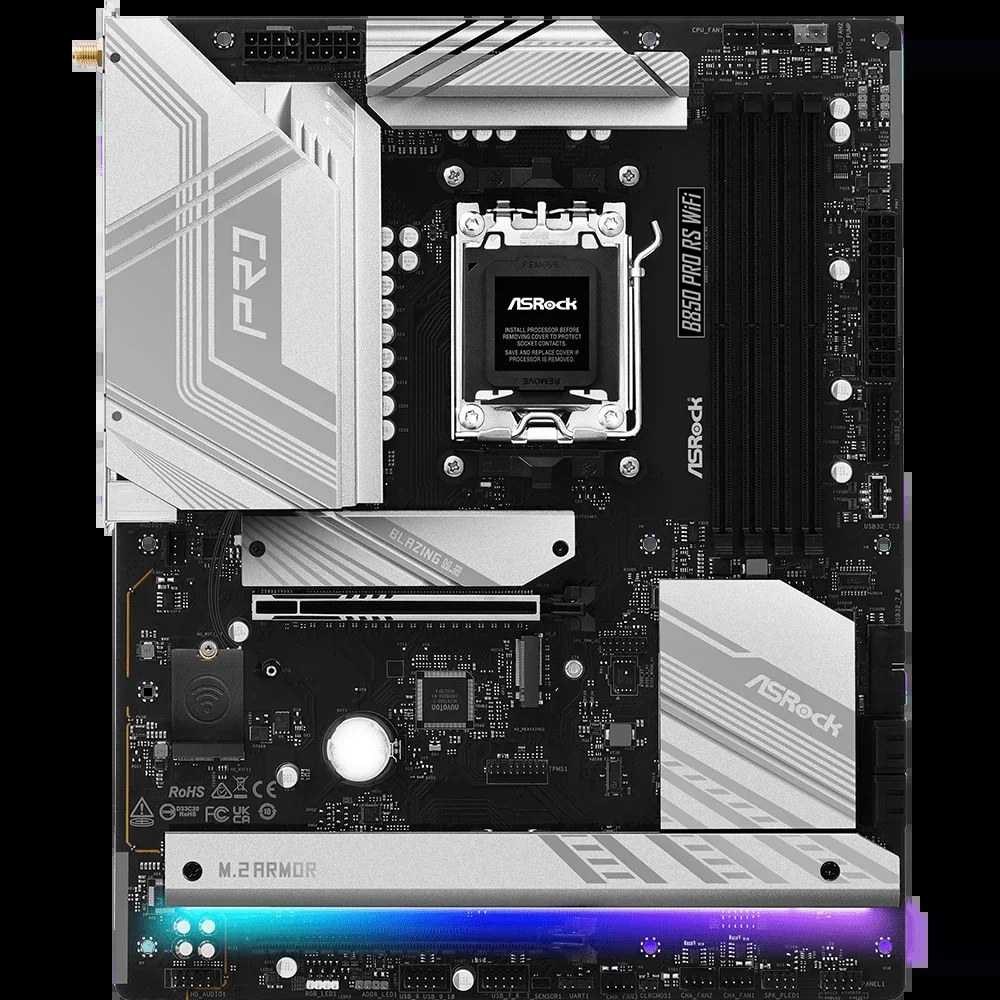 Материнская плата ASRock B850 PRO RS WIFI, AM5, AMD B850, 4xDDR5, 4xSATA, 4xM.2, 1xPCIe 5.0 x16, 1xPCIe 4.0 x4, 1xHDMI, 1xUSB-C, 1x2.5Gb LAN, Wi-Fi 6E, Bluetooth 5.2, 1xUSB-C 10Gbps, 1xUSB-C 5Gbps, 4xUSB-A 5Gbps, 6xUSB-A 2.0, 3x3.5 мм, 7.1, ATX