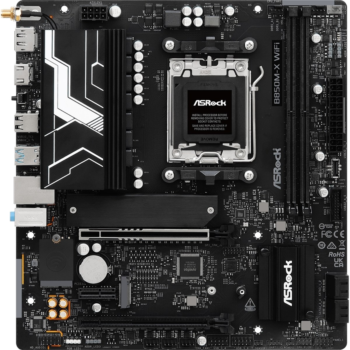Материнская плата ASROCK B850M-X WIFI R2.0, AM5, AMD B850, 2xDDR5, 4xSATA, 2xM.2, 1xPCIe 5.0 x16, 1xPCIe 4.0 x4, 1xPCIe 3.0 x1, 1xDP, 1xHDMI, 1x2.5Gb LAN, Wi-Fi 6E, BT 5.2, 1xUSB-C 5Gbps, 3xUSB-A 5Gbps, 2xUSB-A 2.0, 3x3.5 мм, 7.1, mATX