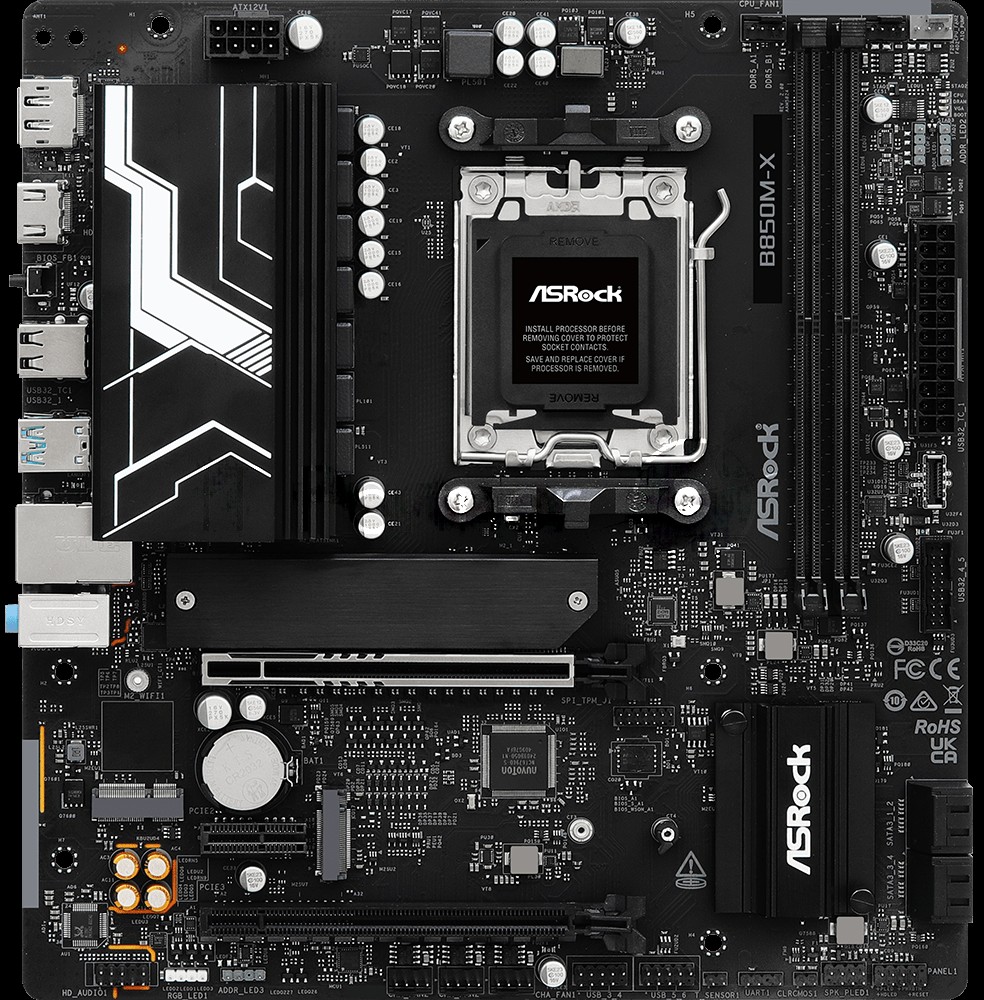 Материнская плата ASRock B850M-X R2.0, AM5, AMD B850, 2xDDR5, 4xSATA, 2xM.2, 1xPCIe 5.0 x16, DisplayPort, HDMI, 1x2.5Gb LAN, USB Type-C, 3x3.5 мм, 7.1, microATX