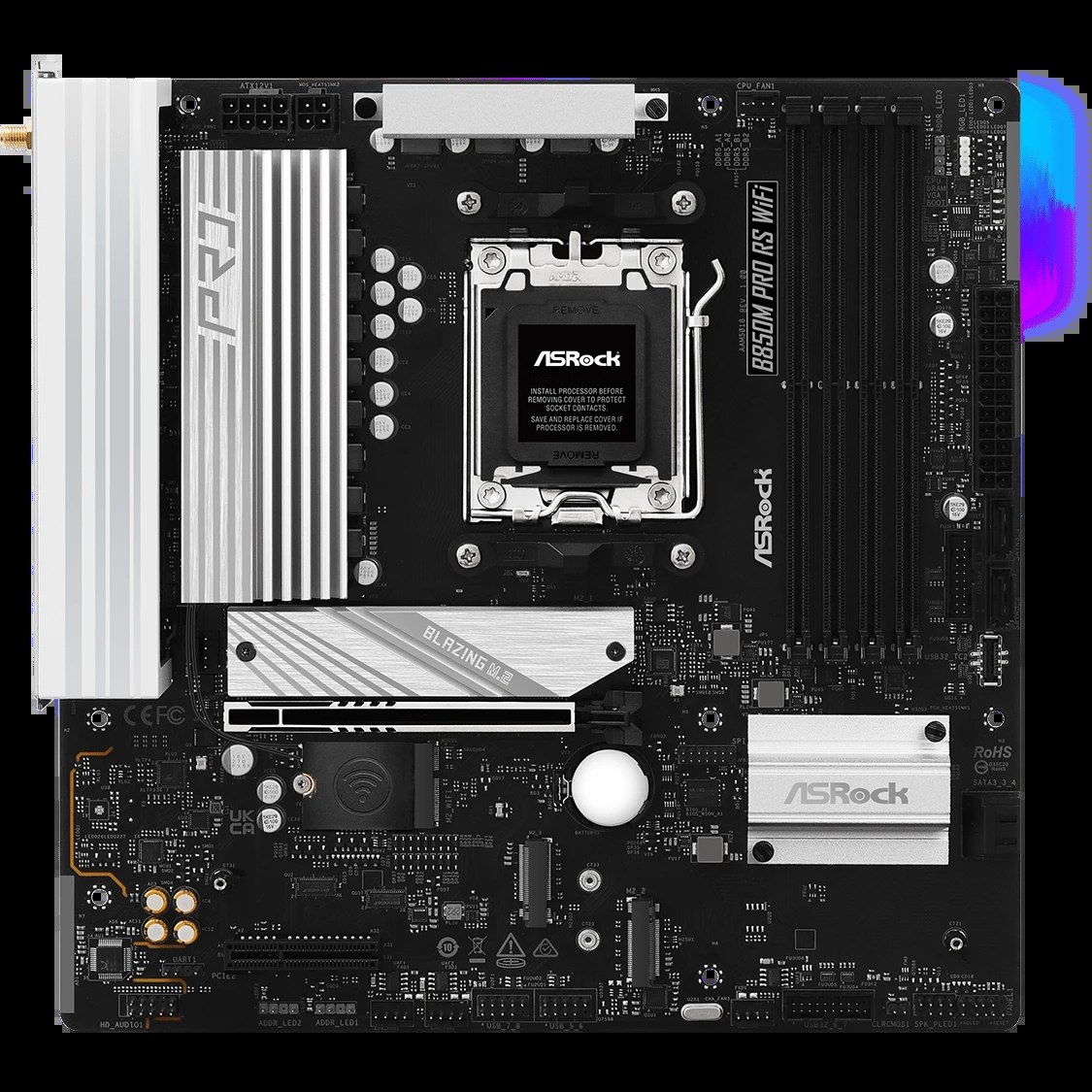 Материнская плата ASRock B850M PRO RS WIFI, AM5, AMD B850, 4xDDR5, 4xSATA, 3xM.2, 1xPCIe 5.0 x16, 1xPCIe 3.0 x4, 1xDP, 1xHDMI, 1x2.5Gb LAN, Wi-Fi 6E, Bluetooth 5.2, 1xUSB-C 10Gbps, 1xUSB-A 10Gbps, 2xUSB-A 5Gbps, 4xUSB-A 2.0, 3x3.5 мм, 7.1, mATX