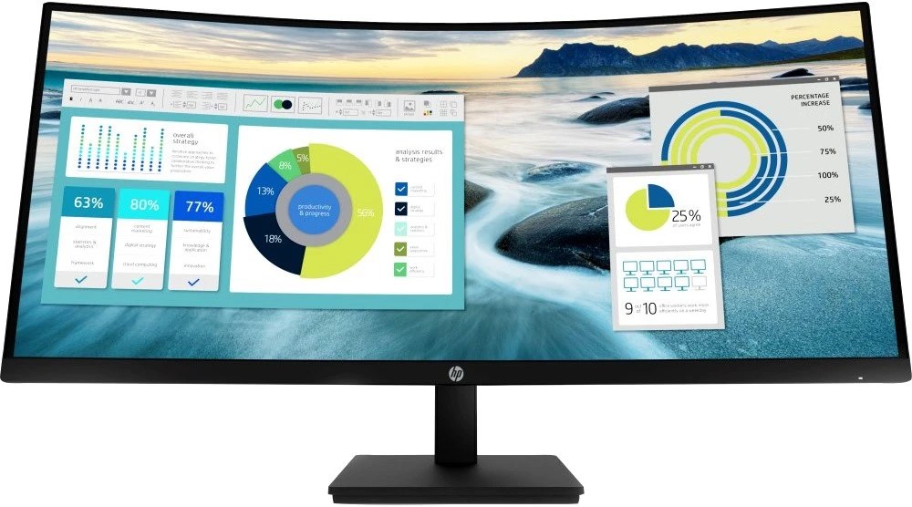 Монитор 34" HP P34hc G4 VA 3440x1440, 60 Гц, 5 мс, изогнутый экран (1500R), 21:9, 250 кд/м², HDMI, DP, USB-C, USB Hub (4x USB 3.2), 3.5 Jack, динамики (2x3 Вт), KVM, черный