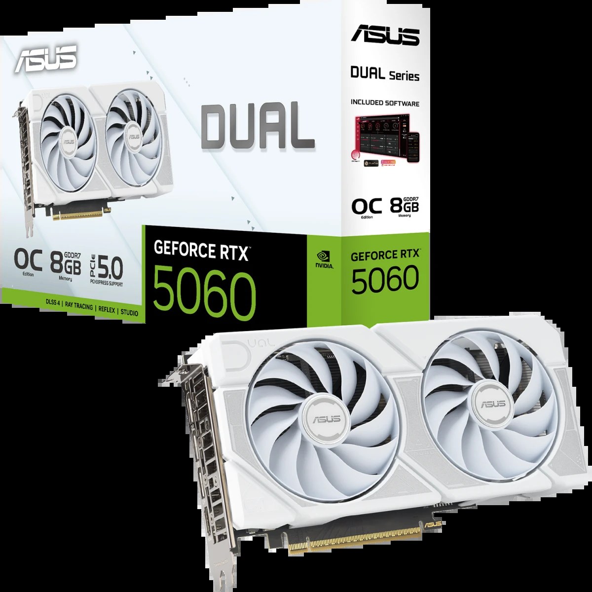 Видеокарта Asus GeForce RTX 5060 DUAL OC White, Nvidia RTX 5060, 8GB GDDR7, 128 bit, PCI-E 5.0, DPx3, HDMIx1, 2535 MHz