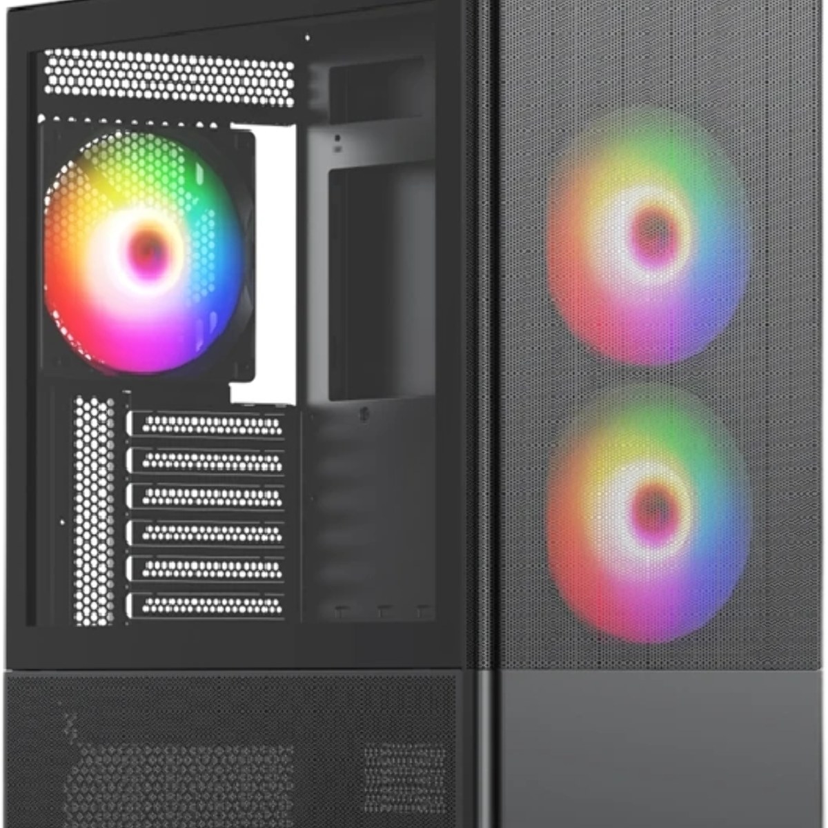 Компьютерный корпус без блока питания Case HSPD M712, Mesh Mid Tower, Black, TG, 0.6 SPCC, no fans, E-ATX, ATX, mATX, mITX, 175/410/160мм, 2x2.5", 2x3.5", 7xPCI, 2xUSB-A 3.0, 476x225x455мм