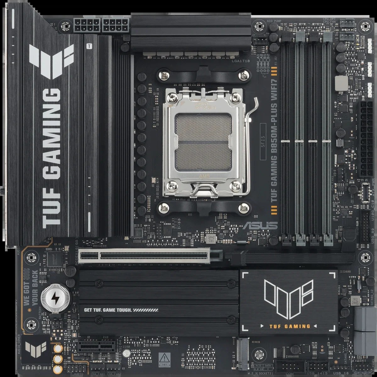 Материнская плата Asus TUF GAMING B850M-PLUS WIFI7, AM5, AMD B850, 4xDDR5, 4xSATA, 3xM.2, 1xPCIe 5.0 x16, 1xPCIe 3.0 x1, 1xDP, 1xHDMI, 1x2.5Gb LAN, Wi-Fi 7, Bluetooth 5.4, 1xUSB-C 20Gbps, 3xUSB-A 10Gbps, 4xUSB-A 5Gbps, 4xUSB-A 2.0, 3x3.5 мм, 7.1, mATX