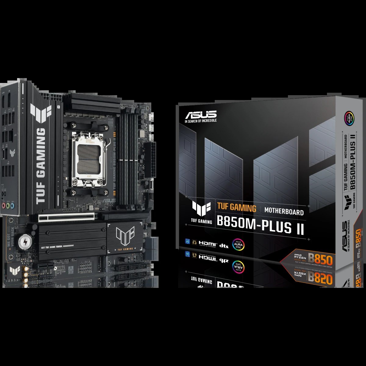 Материнская плата ASUS TUF GAMING B850M-PLUS II, AM5, AMD B850, 4xDDR5, 4xSATA, 3xM.2, 1xPCIe 5.0 x16, 1xPCIe 4.0 x1, 1xHDMI, 1xDP, 1x2.5Gb LAN, 1xUSB-C 20Gbps, 3xUSB-A 10Gbps, 4xUSB-A 5Gbps, 4xUSB-A 2.0, 3x3.5 мм, 7.1, mATX
