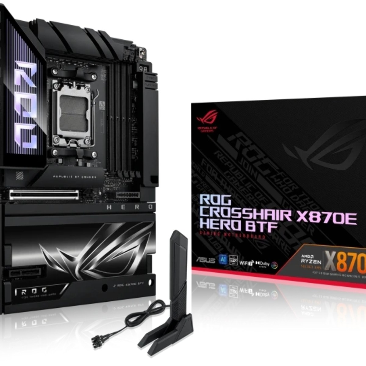 Материнская плата ASUS ROG CROSSHAIR X870E HERO BTF, AM5, AMD X870E, 4xDDR5, 4xSATA, 5xM.2, 1xPCIe 5.0 x16, 1xPCIe 4.0 x4, 1xHDMI, 1x2.5Gb LAN, 1x5Gb LAN, Wi-Fi 7, Bluetooth 5.4, 2xUSB-C 40Gbps (USB4 / Gen3x2), 2xUSB-C 20Gbps (USB 3.2 Gen2x2), 6xUSB-A 10Gbps, 3x3.5 мм, 7.1, ATX