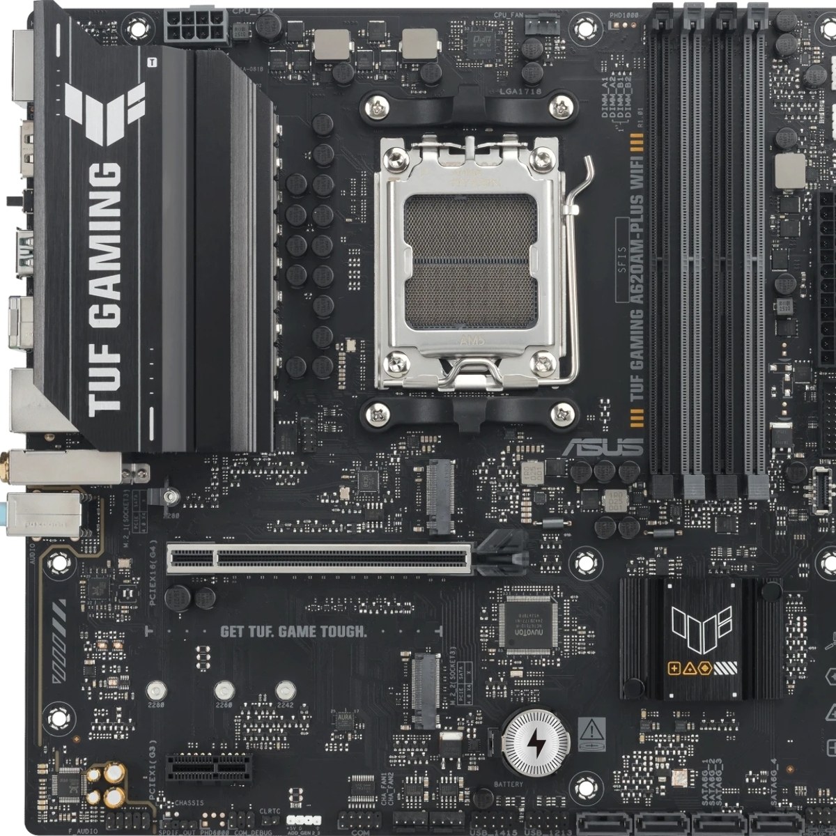 Материнская плата ASUS TUF GAMING A620M-A PLUS WIFI, AM5, AMD A620A, 4xDDR5, 4xSATA, 2xM.2, 1xPCIe 4.0 x16, 1xPCIe 3.0 x1, 1xHDMI, 2xDP, 1x2.5Gb LAN, Wi-Fi 6, Bluetooth 5.3, 2xUSB-A 10Gbps, 4xUSB-A 2.0, 3x3.5 мм, 7.1, mATX