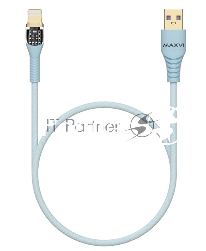 Дата-кабель Maxvi MC-31L USB-Lightning 2.4А, прозрачный корпус, LED подсветка, 1.2м, sky blue