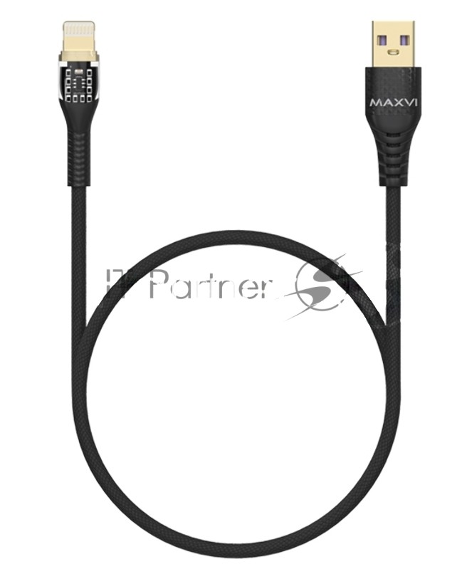 Дата-кабель Maxvi MC-31L USB-Lightning 2.4А, прозрачный корпус, LED подсветка, 1.2м, черный