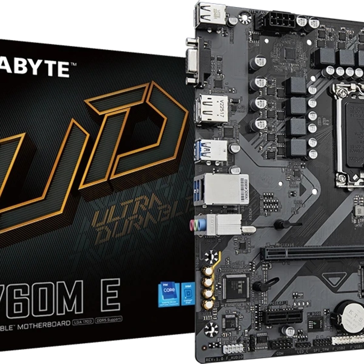 Материнская плата Gigabyte B760M E, LGA 1700, Intel B760, 2xDDR5, 4xSATA, 2xM.2, 1xPCIe 4.0 x16, 1xPCIe x1, 1xVGA, 1xHDMI, 1xDP, 1x1Gb LAN, 4xUSB-A 5Gbps, 2xUSB-A 2.0, 3x3.5 мм, 7.1, mATX