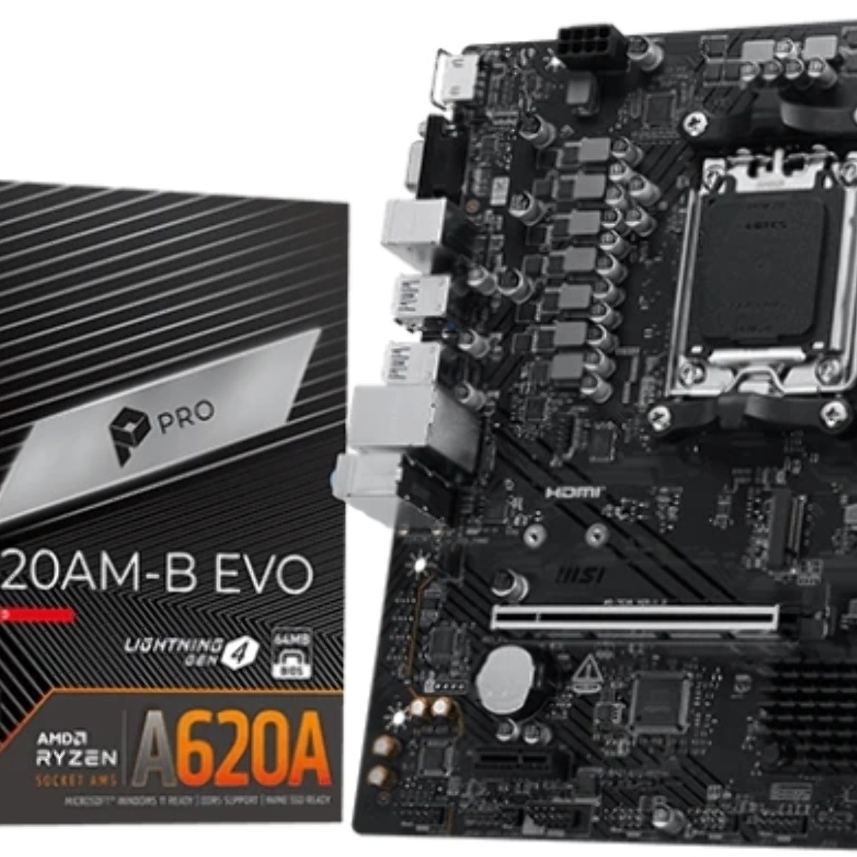 Материнская плата MSI PRO A620M-B EVO, AM5, AMD A620A, 2xDDR5, 2xSATA, 1xM.2, 1xPCIe 4.0 x16, 1xPCIe x1, 1xVGA, 1xHDMI, 1x2.5Gb LAN, 4xUSB-A 5Gbps, 2xUSB-A 2.0, 2xPS/2, 3x3.5 мм, 7.1, чёрный, mATX